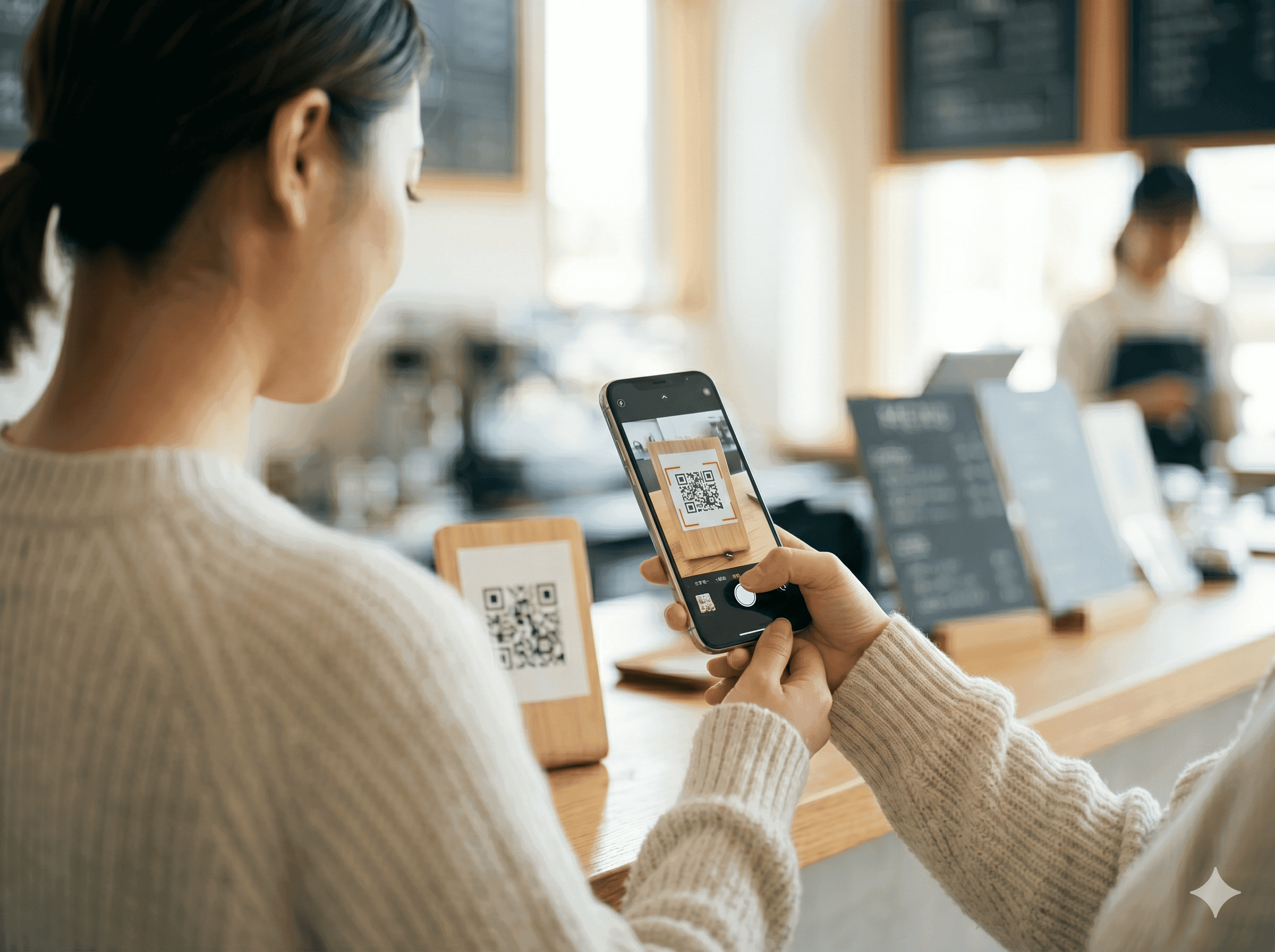 店頭のQRコードをスマホで読み取るお客さま