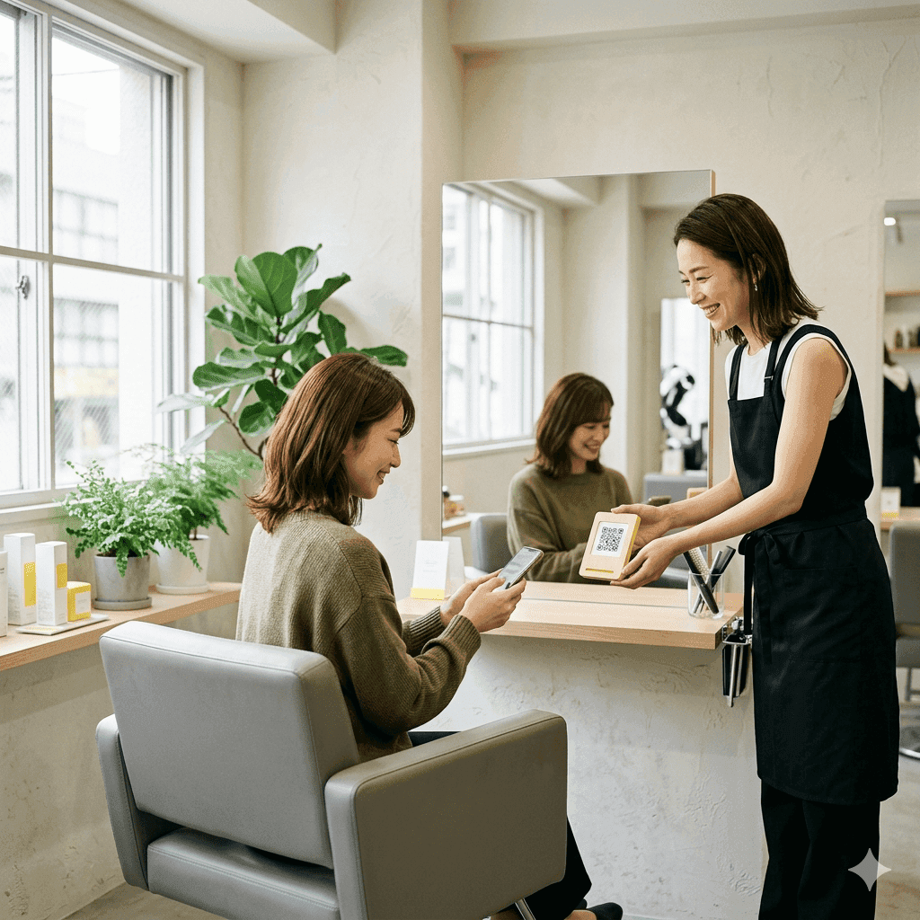 美容室で施術を終えた女性のお客さまに、スタイリストがレジ横のQRコードを案内している様子